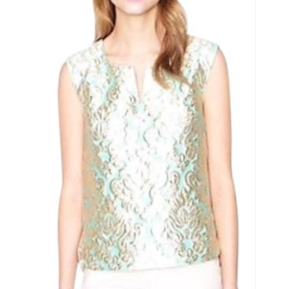 Sleeveless Metallic Lace Overlay Tank Top in Gold and Mint